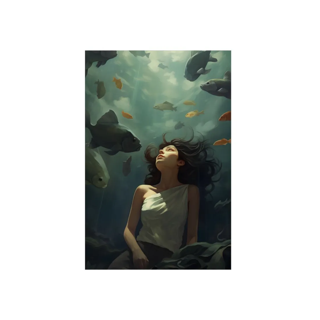 Underwater Serenity: Woman Floating Among Fish - Metal Poster