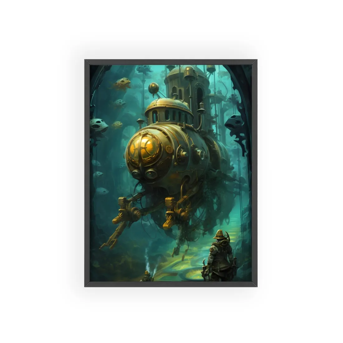 Underwater Steampunk Adventure: A Hero's Quest for Discovery - Framed Poster