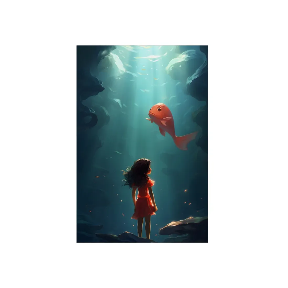 Underwater Wonder: Girl and Giant Fish in Teal Depths - Metal Poster