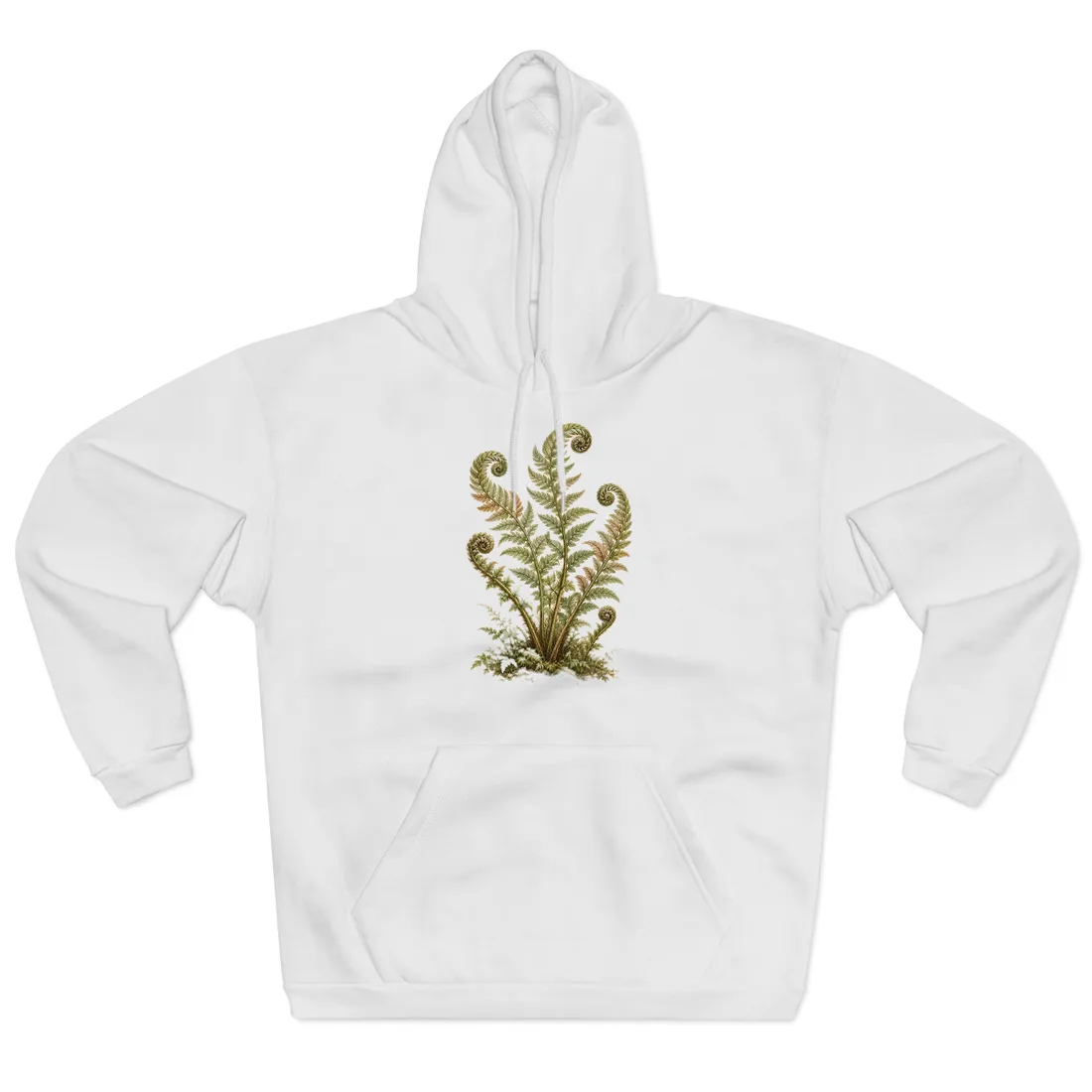 Botanical illustration of green fern fronds with spiraled tips rising from mossy ground on cream paper – Hoodie, view 1