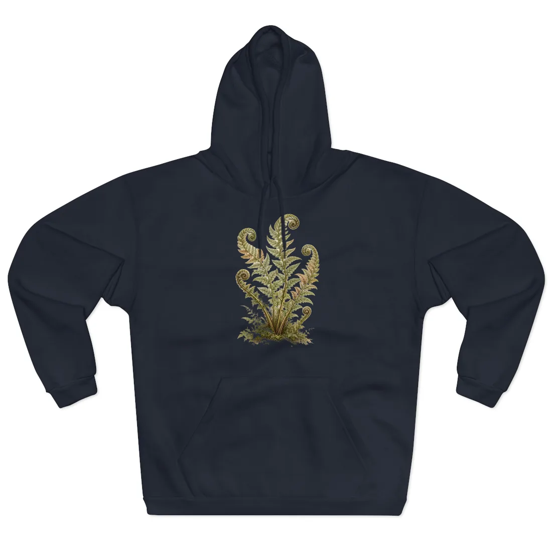 Botanical illustration of green fern fronds with spiraled tips rising from mossy ground on cream paper – Hoodie, view 3
