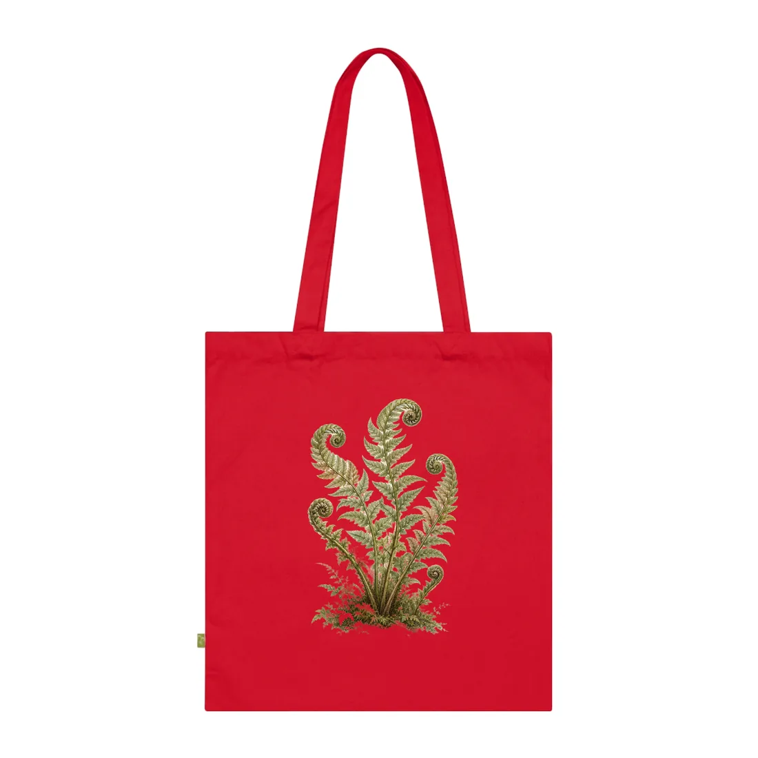 Botanical illustration of green fern fronds with spiraled tips rising from mossy ground on cream paper – Tote Bag, view 1