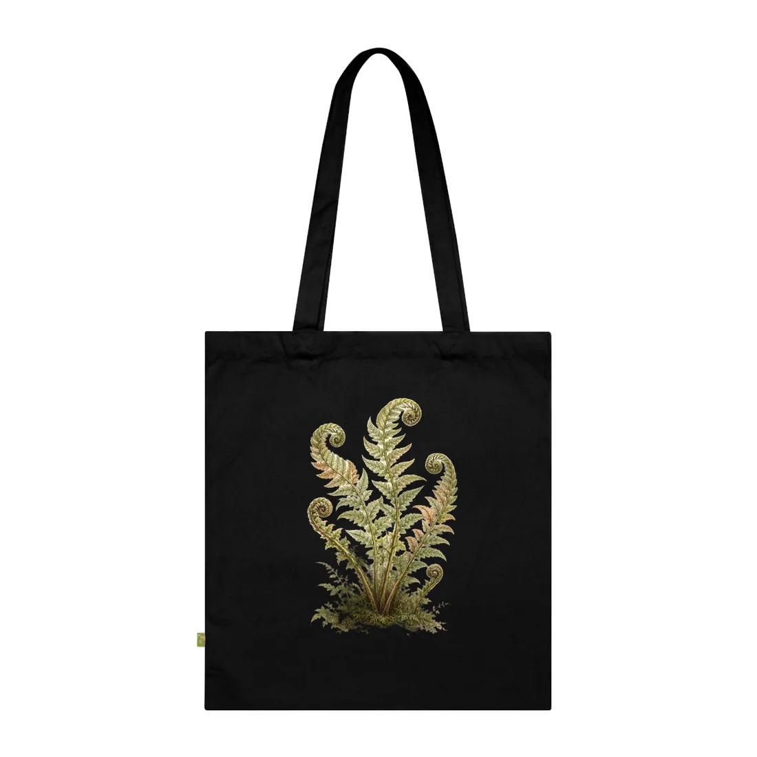 Botanical illustration of green fern fronds with spiraled tips rising from mossy ground on cream paper – Tote Bag, view 3