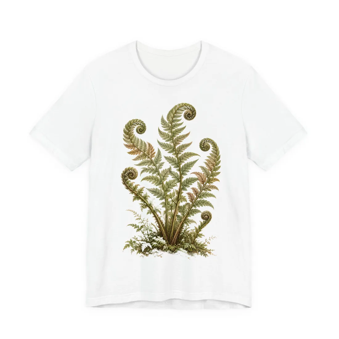 Botanical illustration of green fern fronds with spiraled tips rising from mossy ground on cream paper – T-Shirt, view 1