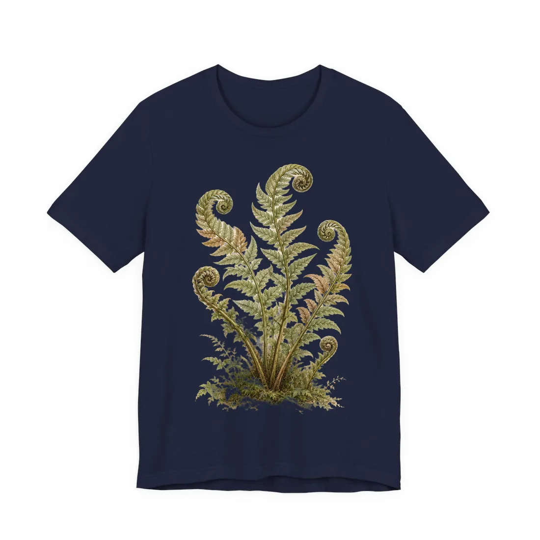 Botanical illustration of green fern fronds with spiraled tips rising from mossy ground on cream paper – T-Shirt, view 3
