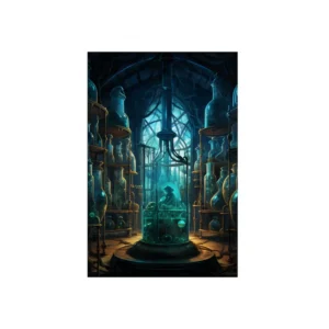 Alchemy Laboratory with Glowing Bottles Metal Poster
