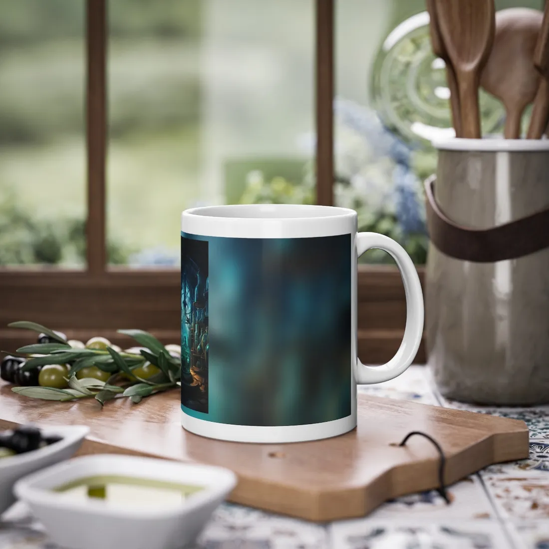 Teal-lit alchemy lab with bottles and a hooded figure in a glass tank – Mug, view 2