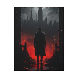 Silhouetted Man Before Gothic City Canvas Print