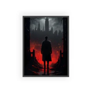 Silhouetted Man Before Gothic City Framed Poster