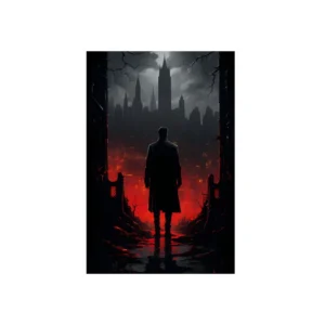 Silhouetted Man Before Gothic City Metal Poster