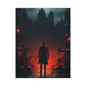 Silhouetted Figure Facing Gothic City Canvas Print