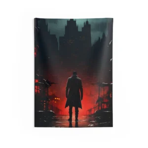 Silhouetted Figure Facing Gothic City Wall Tapestry