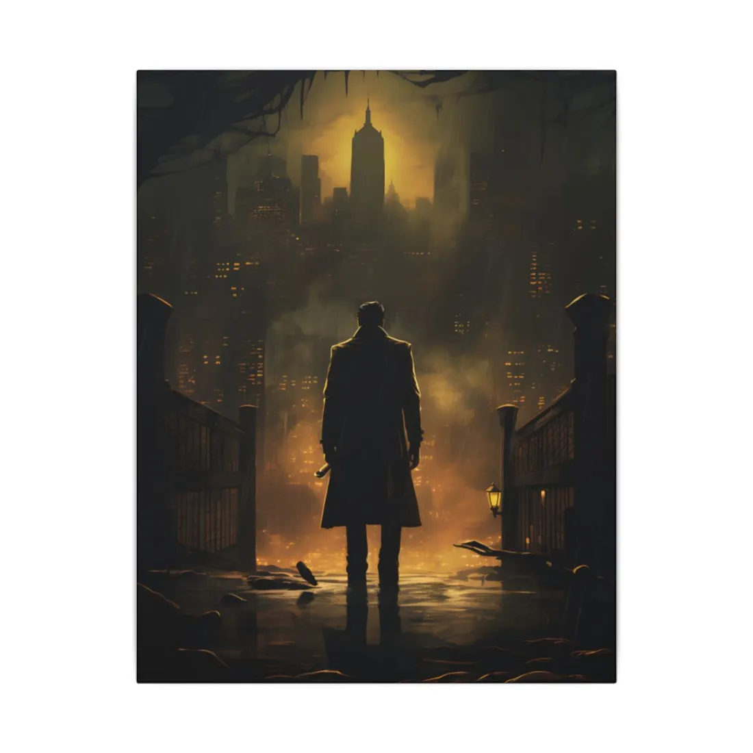 Urban Fantasy Detective: Moody City Skyline Reflection - Canvas
