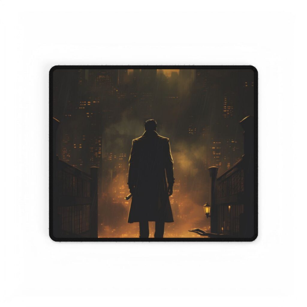 Urban Fantasy Detective: Moody City Skyline Reflection - Desk Mat