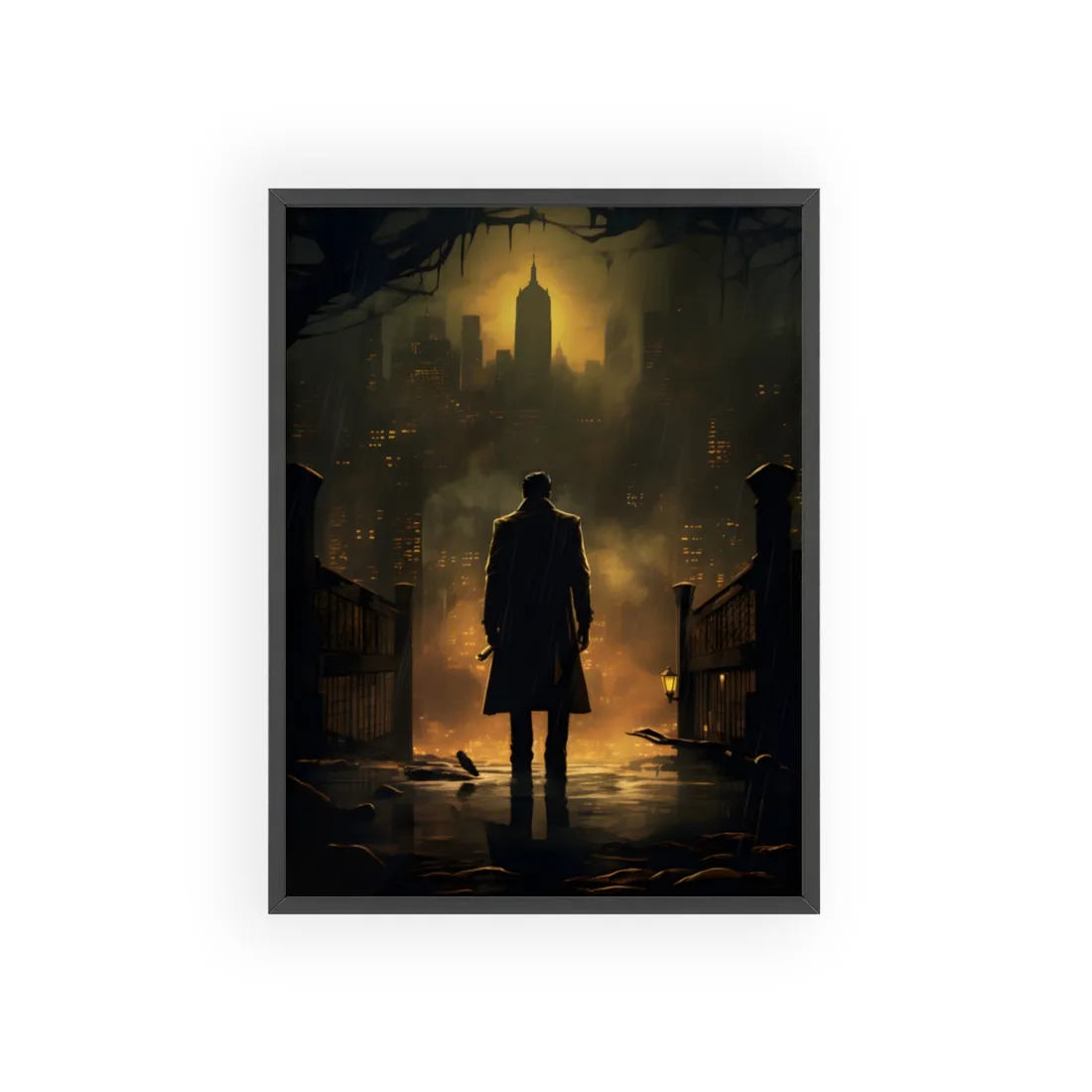 Urban Fantasy Detective: Moody City Skyline Reflection - Framed Poster