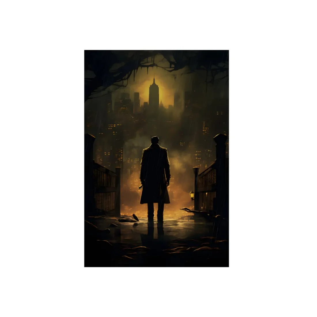 Urban Fantasy Detective: Moody City Skyline Reflection - Metal Poster