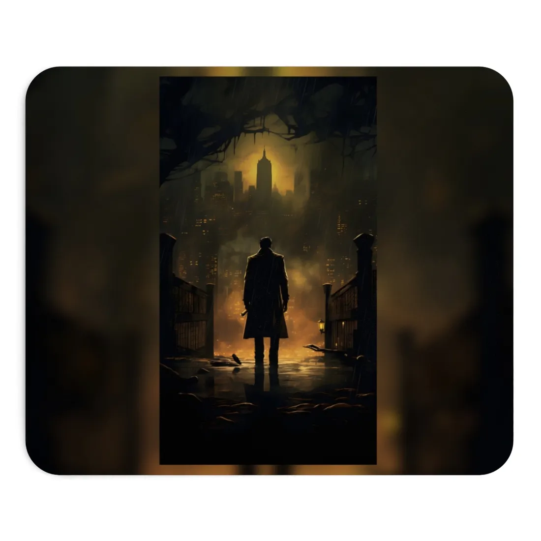 Urban Fantasy Detective: Moody City Skyline Reflection - Mouse Pad