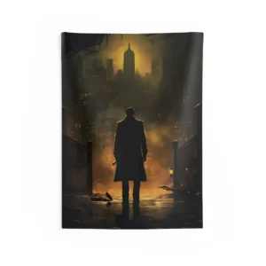 Man Facing City at Night Wall Tapestry