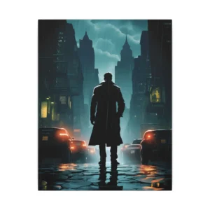 Silhouetted Man on Rainy Street Canvas Print