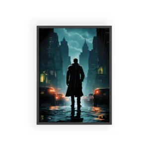 Silhouetted Man on Rainy Street Framed Poster