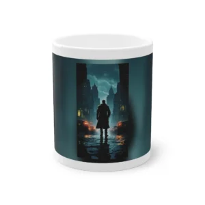 Silhouetted Man on Rainy Street Mug