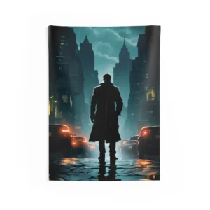 Silhouetted Man on Rainy Street Wall Tapestry