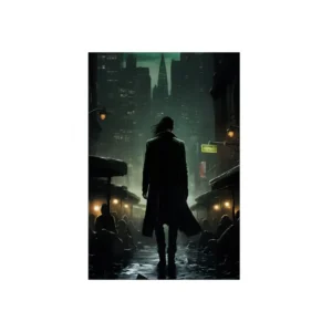 Person in Rainy City Street Metal Poster