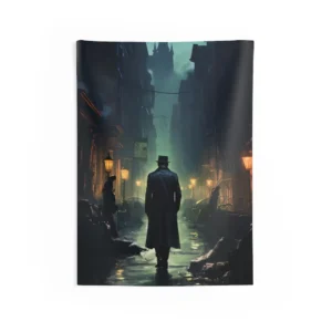 Figure Walking a Rainy Street Wall Tapestry