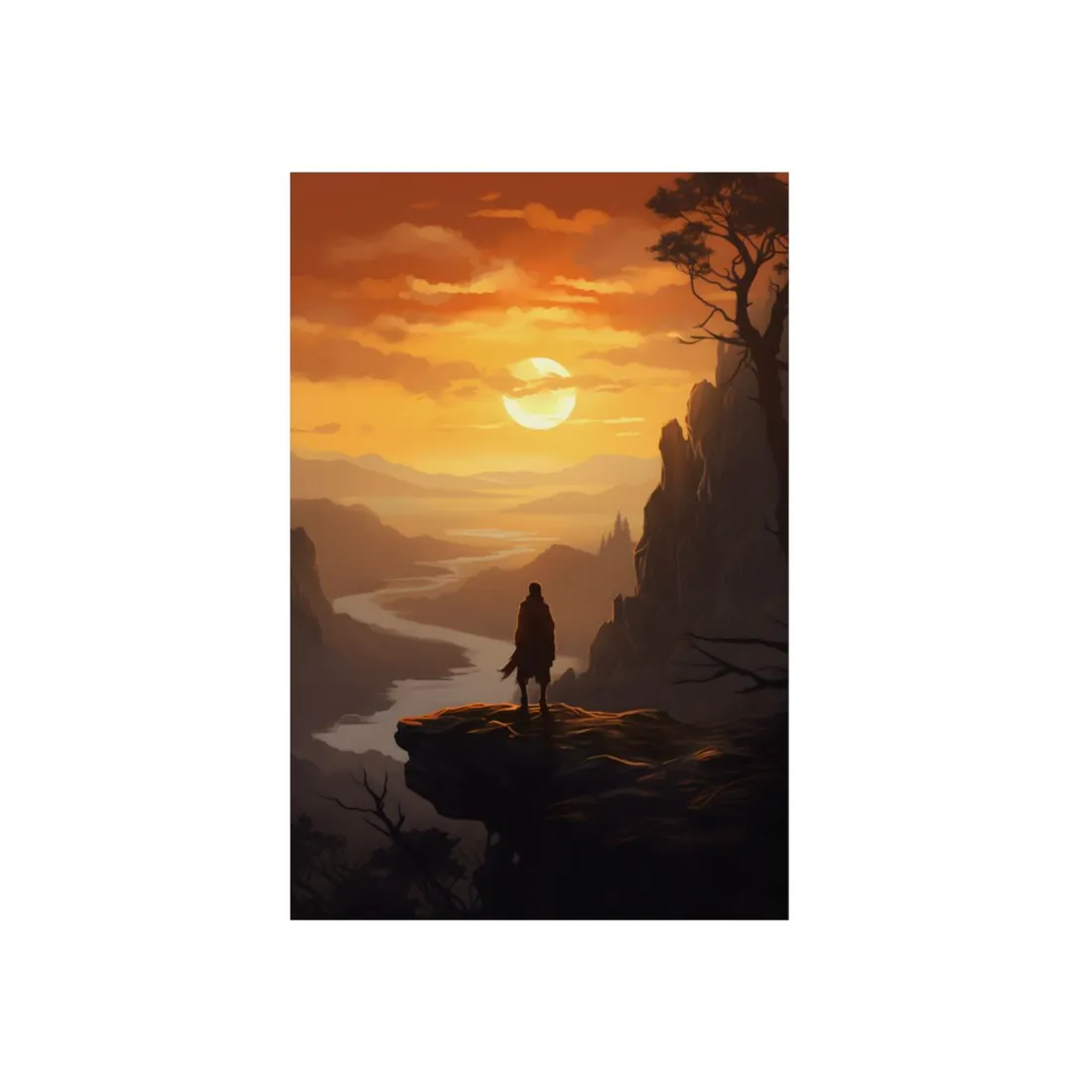 Valley Overlook: Lone Figure at Sunset - Metal Poster