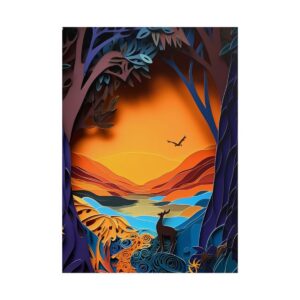 Sunset Forest Lake: Deer Silhouette Paper Quilling Scene Poster