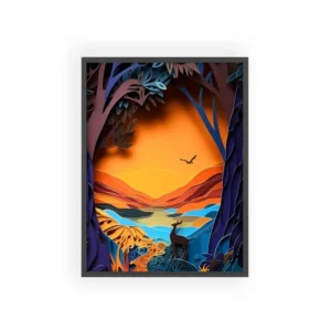 Sunset Forest Lake: Deer Silhouette Paper Quilling Scene Framed Poster