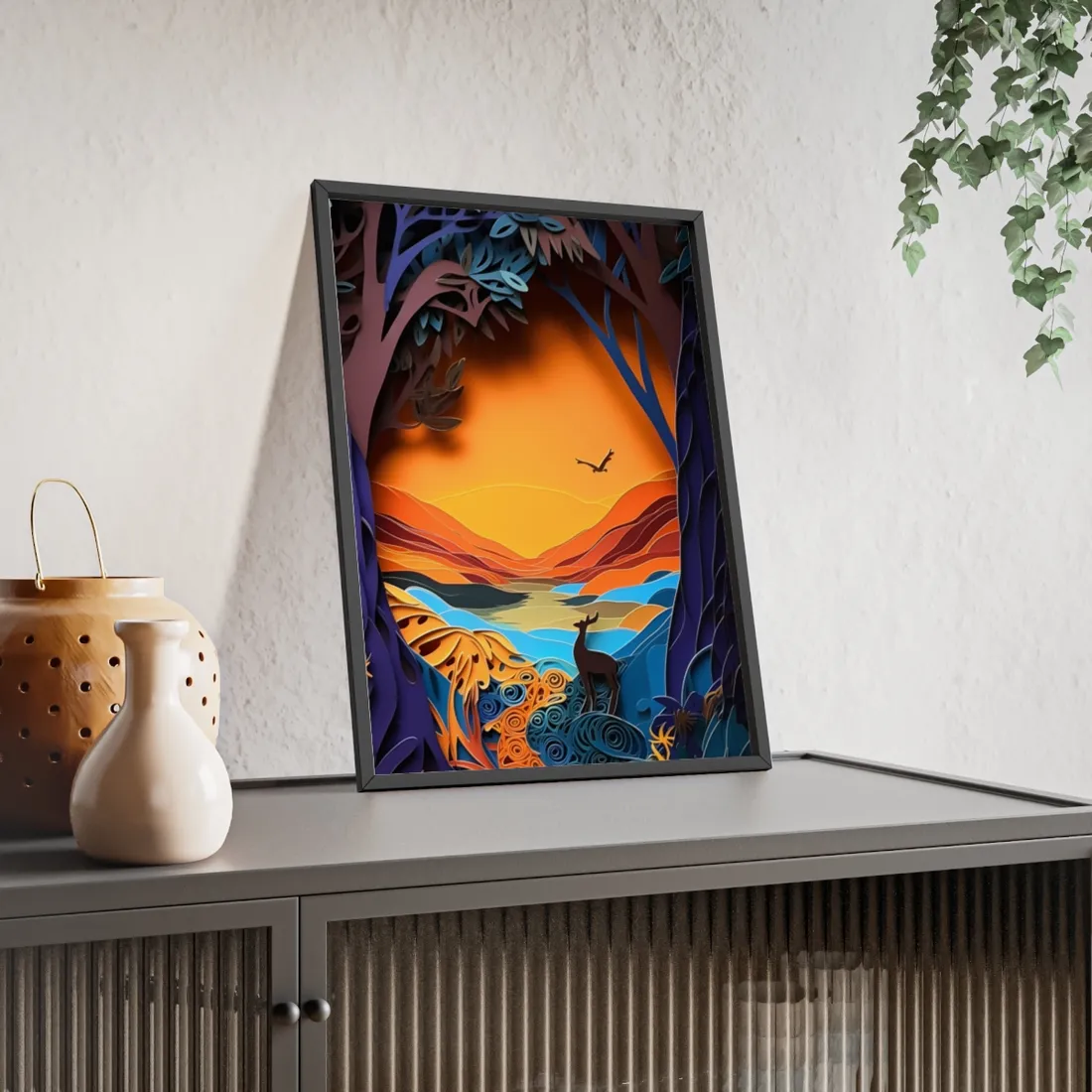 Vibrant African Landscape: Colorful Paper Quilling - Framed Poster