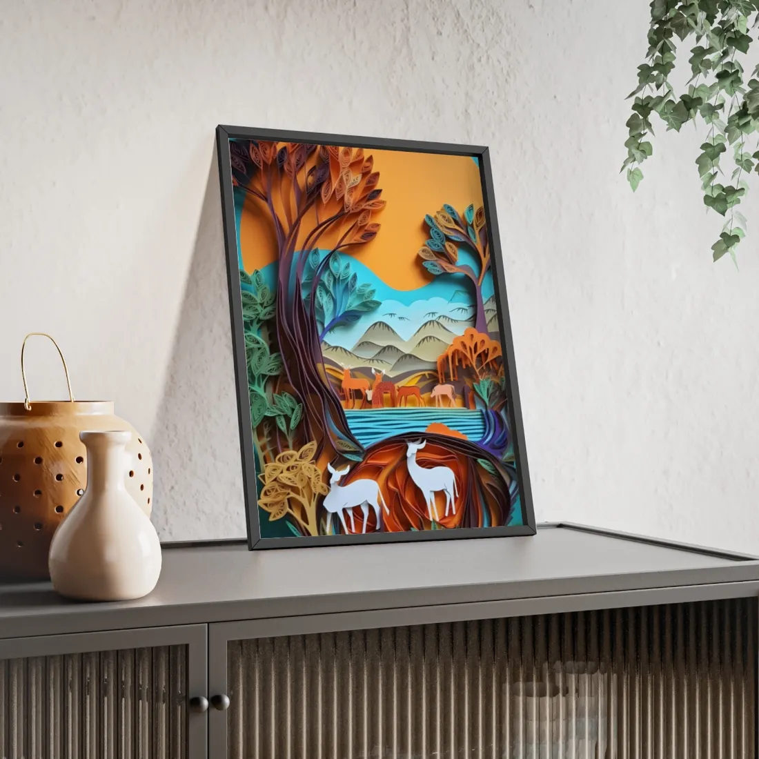 Vibrant African Landscape: Eye-Catching Paper Quilling Art - Framed Poster