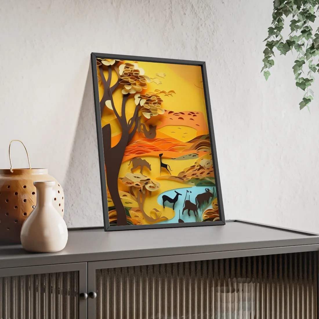 Vibrant African Landscape: Paper Quilling Art - Framed Poster