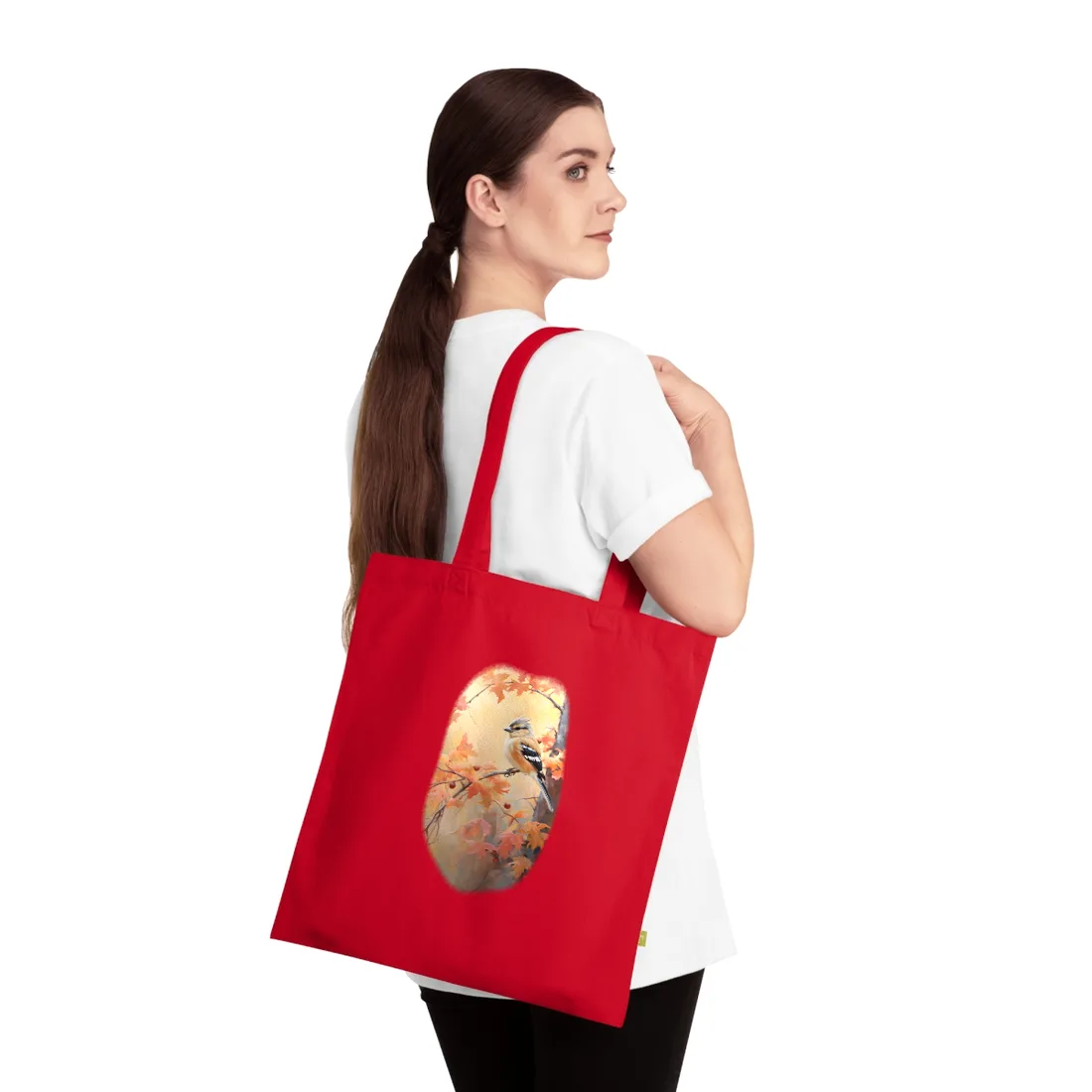 Songbird on the Golden Autumn Branch: Oil Painting – Tote Bag, classic red