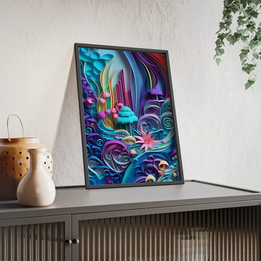 Vibrant Beach Landscape: Paper Quilling - Framed Poster