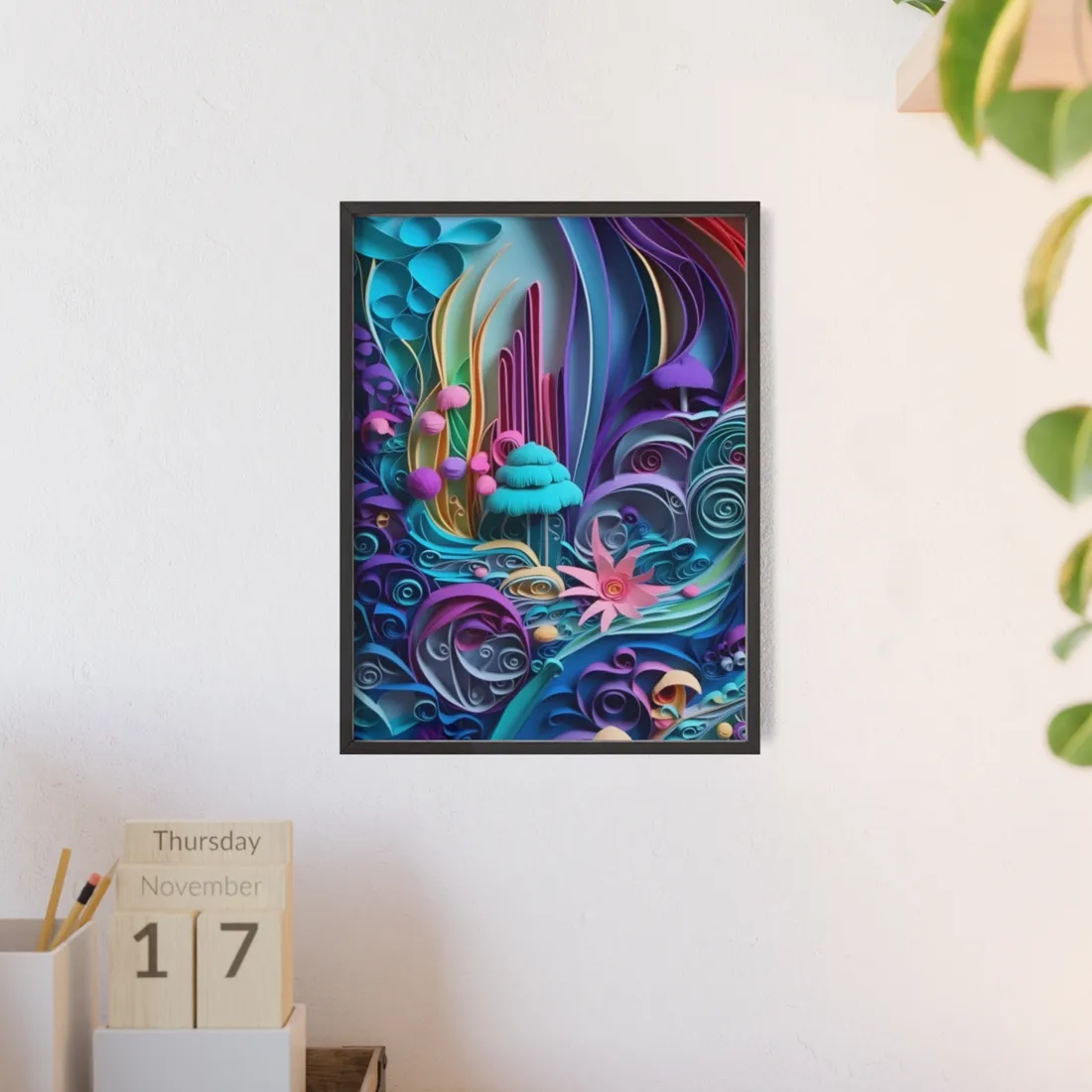 Vibrant Beach Landscape: Paper Quilling - Framed Poster