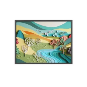Green Hills River Valley: Paper Quilling Landscape Framed Poster