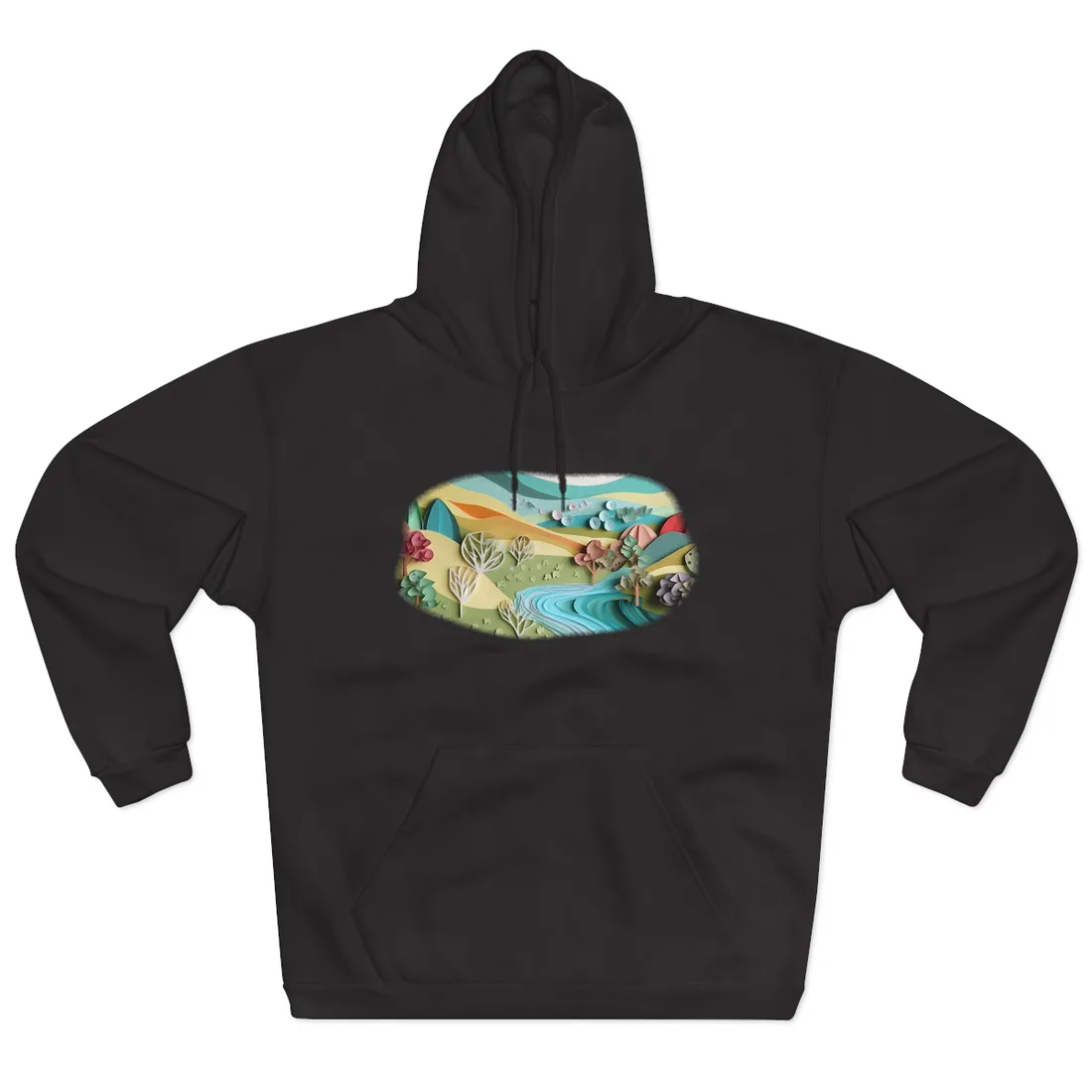 Green Hills River Valley: Paper Quilling Landscape – Hoodie, black