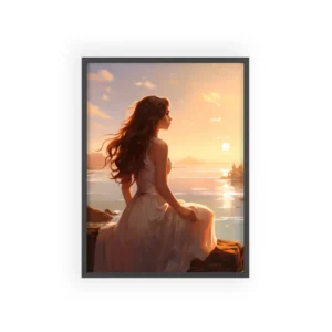 Woman Watching Sunset over Sea Framed Poster