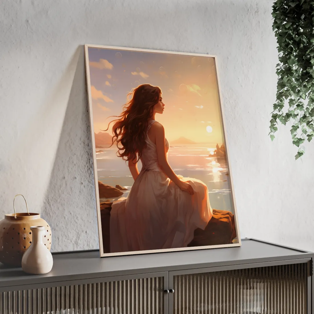Vibrant Beach Scene: Summer Day with Sun-Kissed Figure - Framed Poster