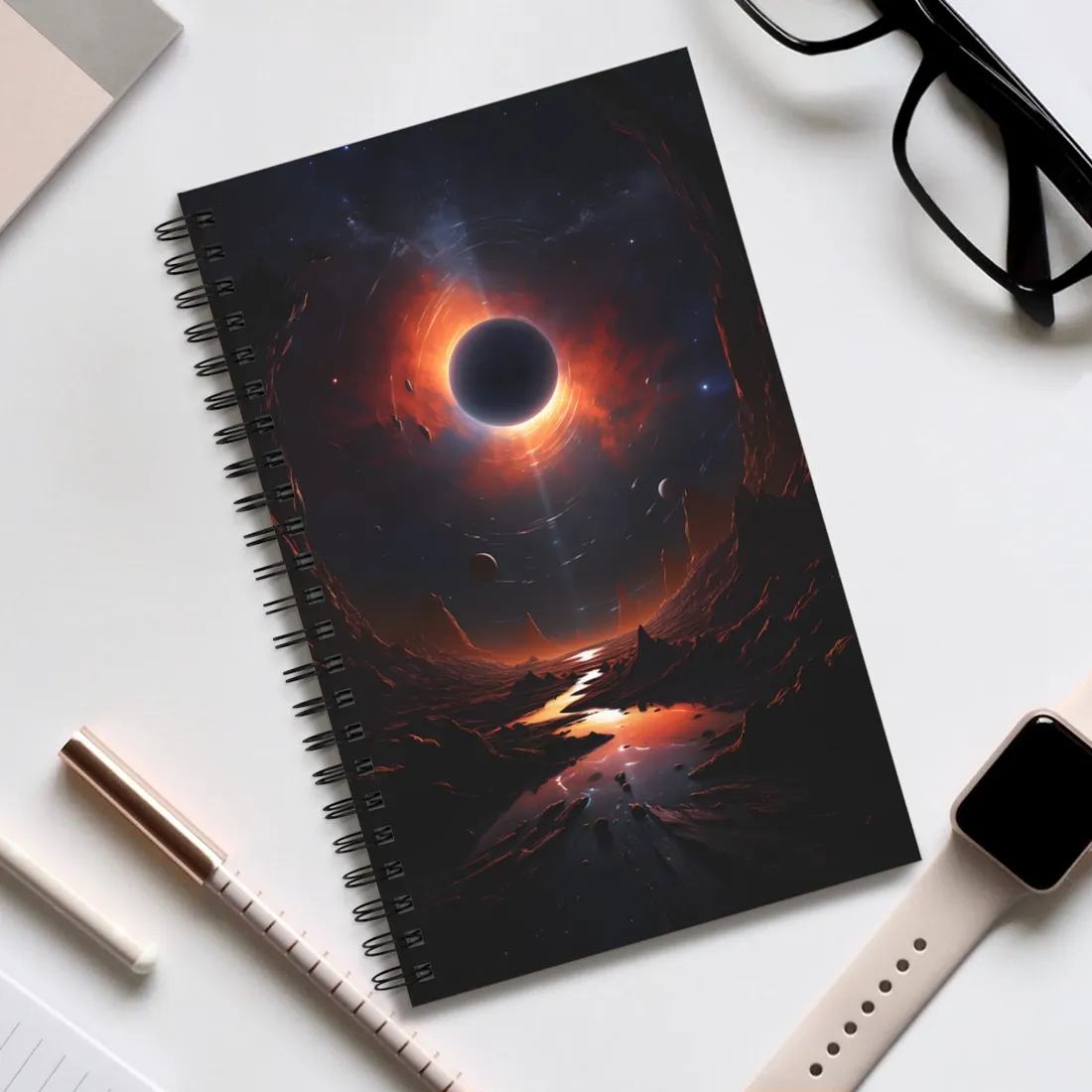 Vibrant Black Hole Cosmic: A Massive Planet in Orbit - Spiral Notebook