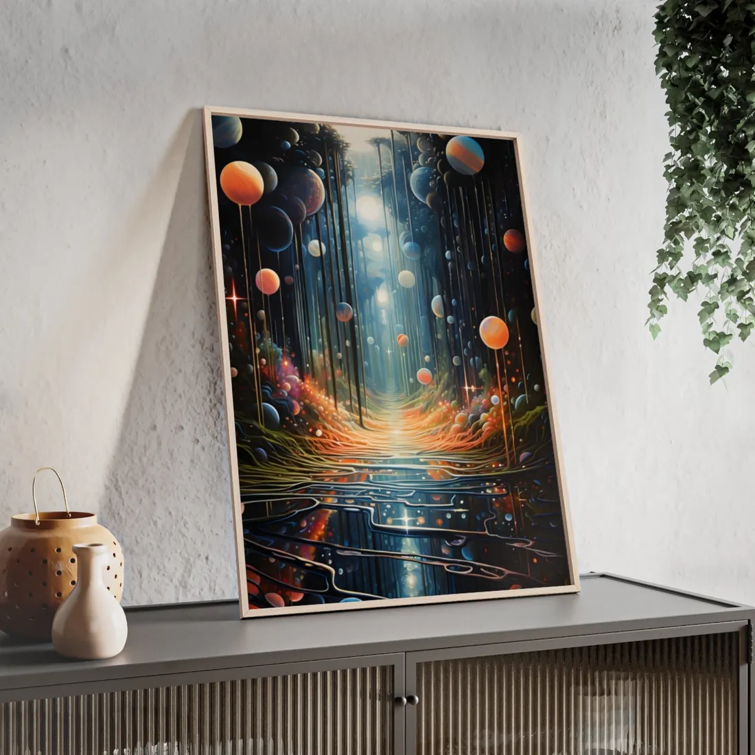 Vibrant Celestial Art Gallery: Otherworldly Landscape - Framed Poster