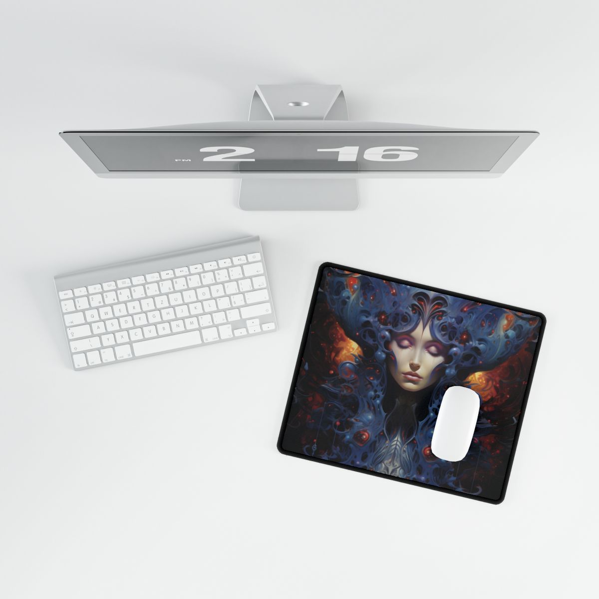 Vibrant Celestial Cityscape: Fantastical Dusk Artwork - Desk Mat