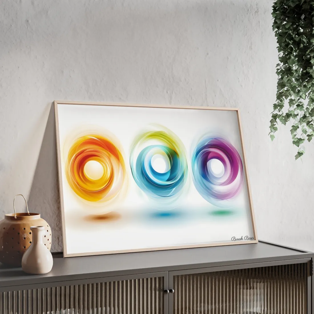 Vibrant Circles: A Dynamic Artwork of Swirling Colors - Framed Poster