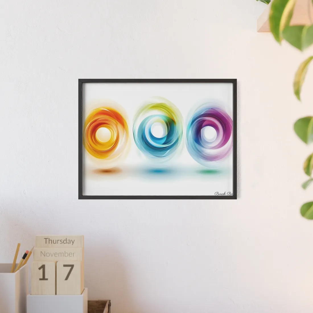 Vibrant Circles: A Dynamic Artwork of Swirling Colors - Framed Poster