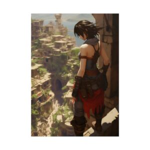 Woman Gazing over Lakeside Town Poster