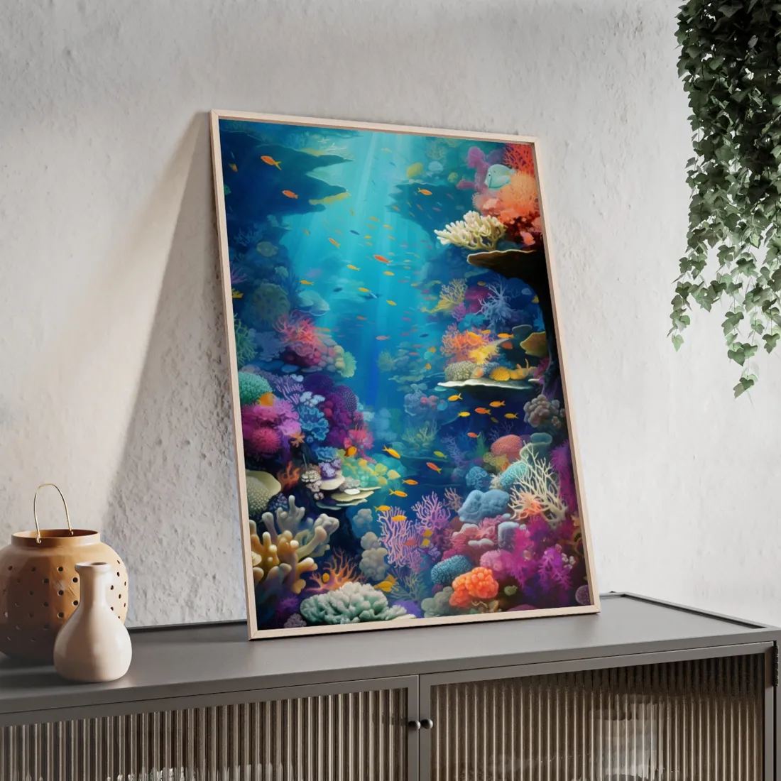 Vibrant Coral Reef Sanctuary: A Digital Artwork Celebrating Marine Life - Framed Poster