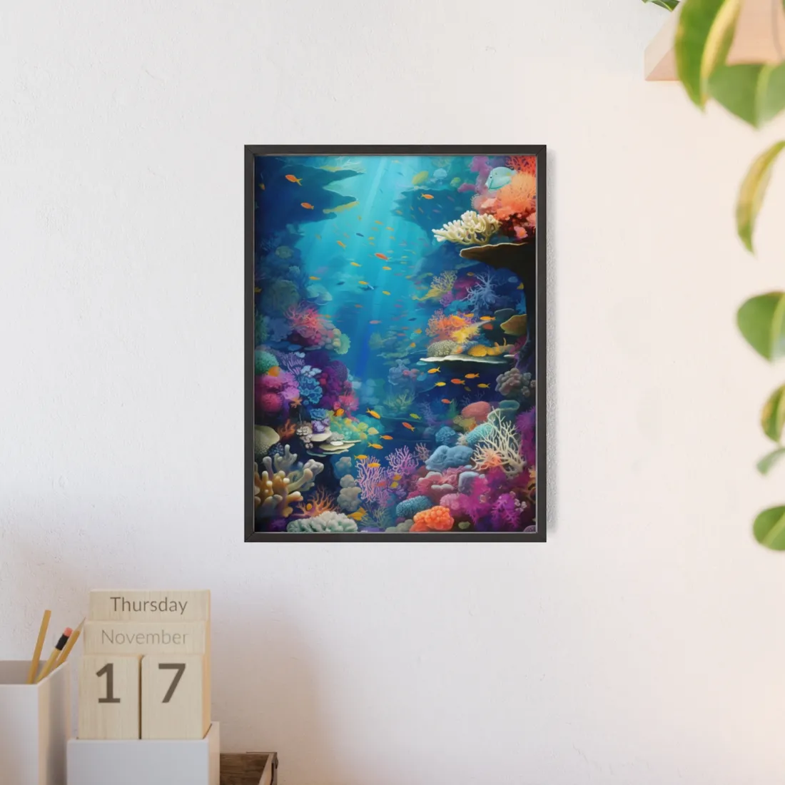 Vibrant Coral Reef Sanctuary: A Digital Artwork Celebrating Marine Life - Framed Poster