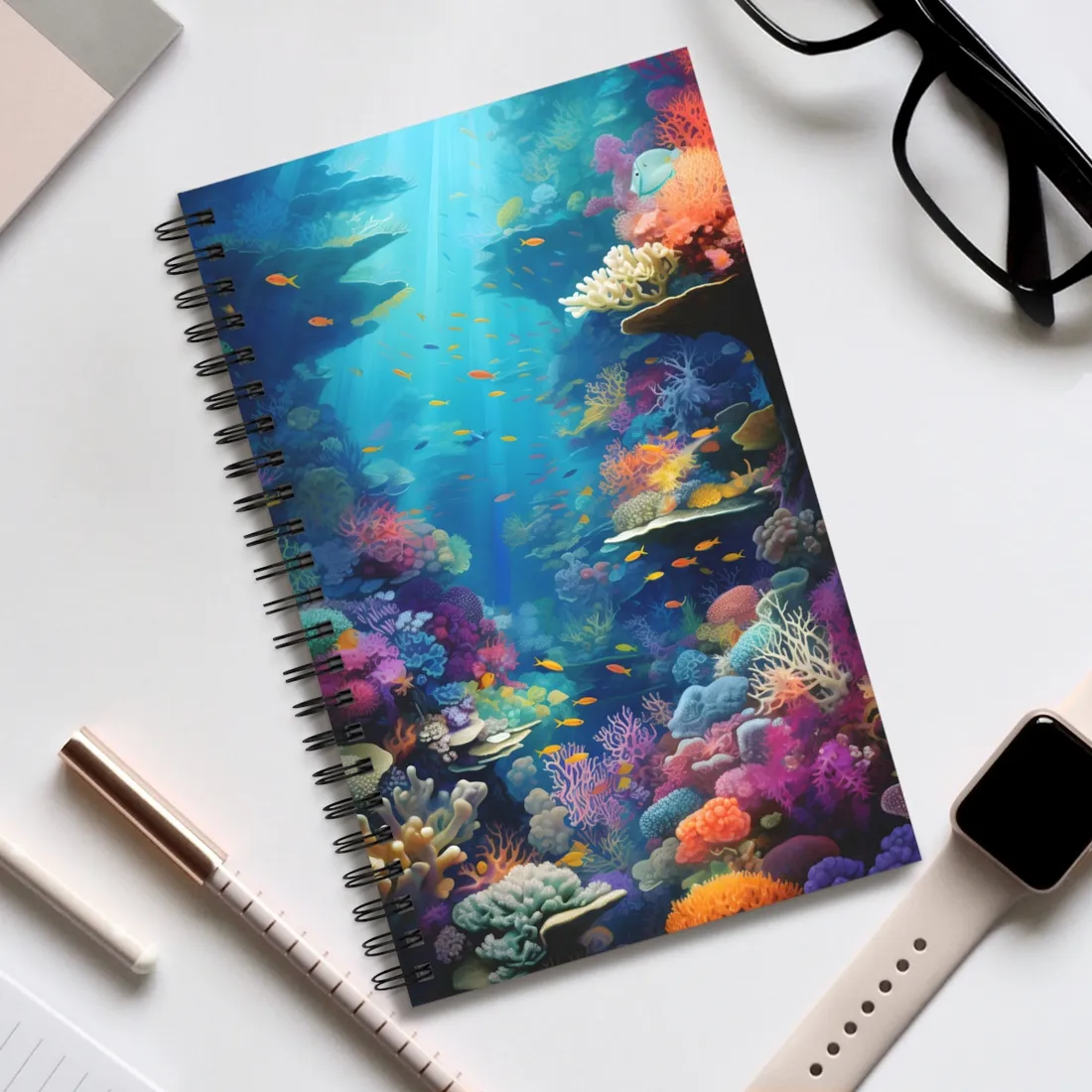 Vibrant Coral Reef Sanctuary: A Digital Artwork Celebrating Marine Life - Spiral Notebook